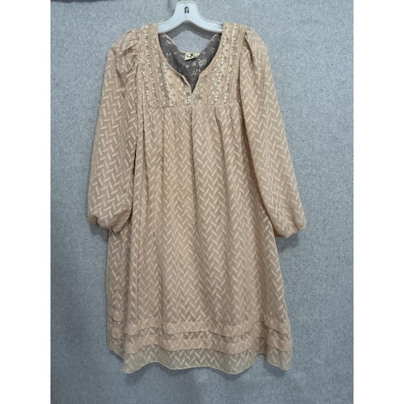 One September Dresses & Skirts - One September Dress Womens L Beige Chevron Sequin V Neck Long Sleeve Shift Boho